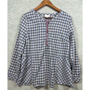 J.Jill Blue  White Plaid Peplum Top Womens Long Sleeve Button-Front Shirt XL Cot